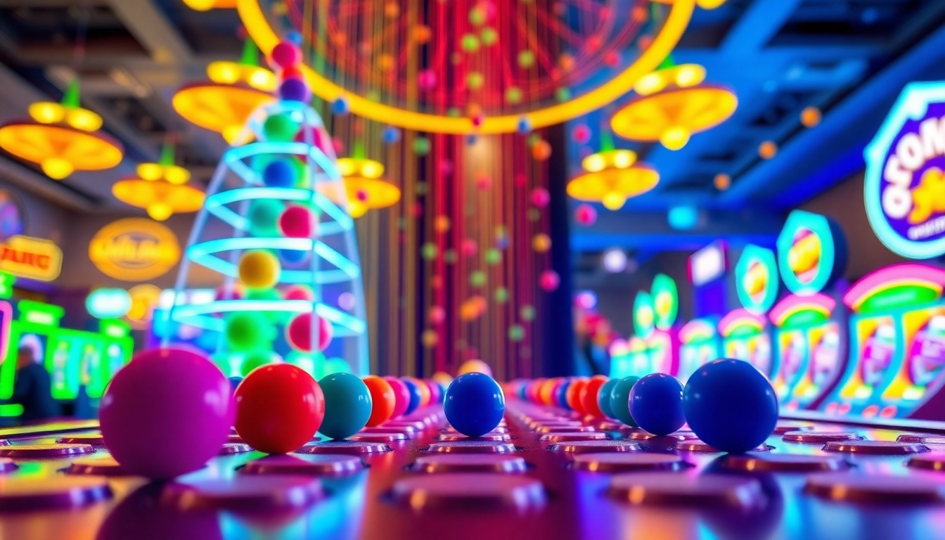 Mainkan plinko slot dengan bola cerah yang jatuh di papan permainan penuh warna.