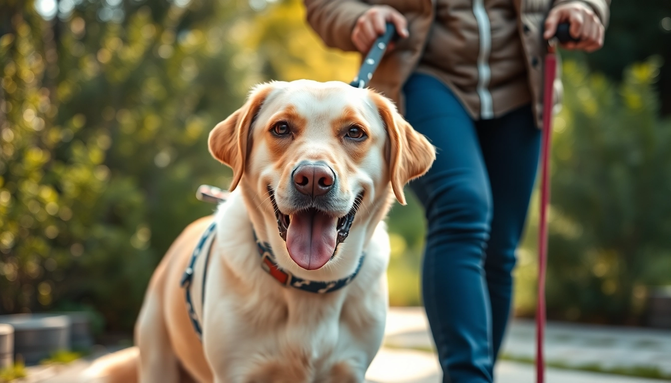 Service dogs for sale helping people in need, featuring a Labrador assisting with mobility.