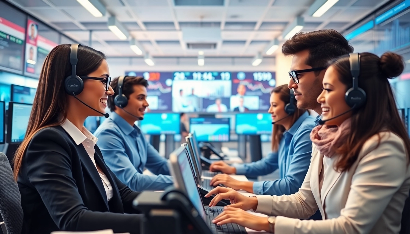 Engaging team members demonstrating Outsource Call Center Services in a dynamic office environment.