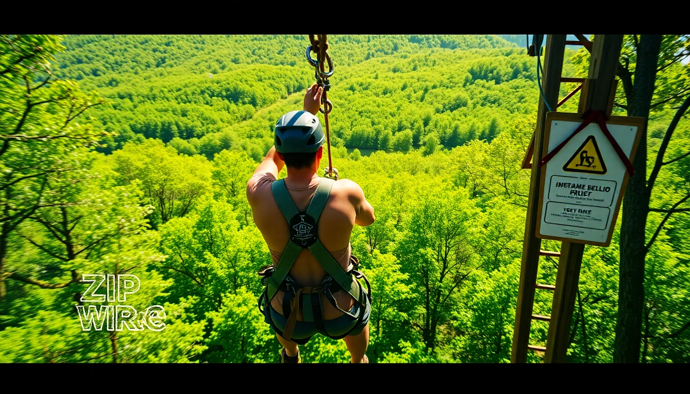 A person preparing to use a ZIP WIRE KIT in a lush forest setting, emphasizing adventure and nature.
