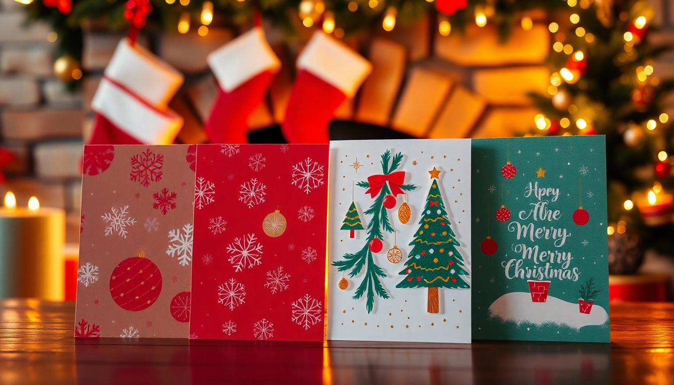 Showcase of A5 Christmas cards featuring vibrant holiday designs in a festive setting