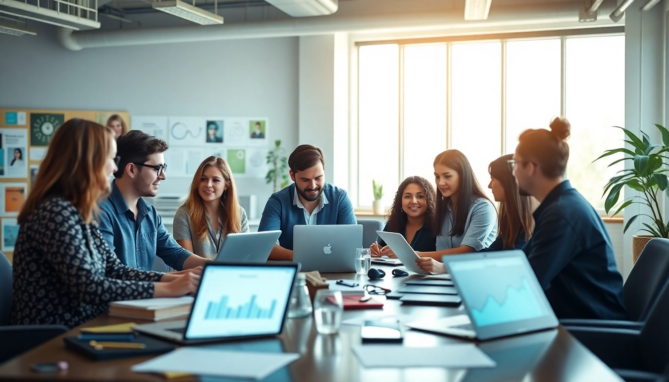 Showcasing a team in a social media agency brainstorming marketing strategies.