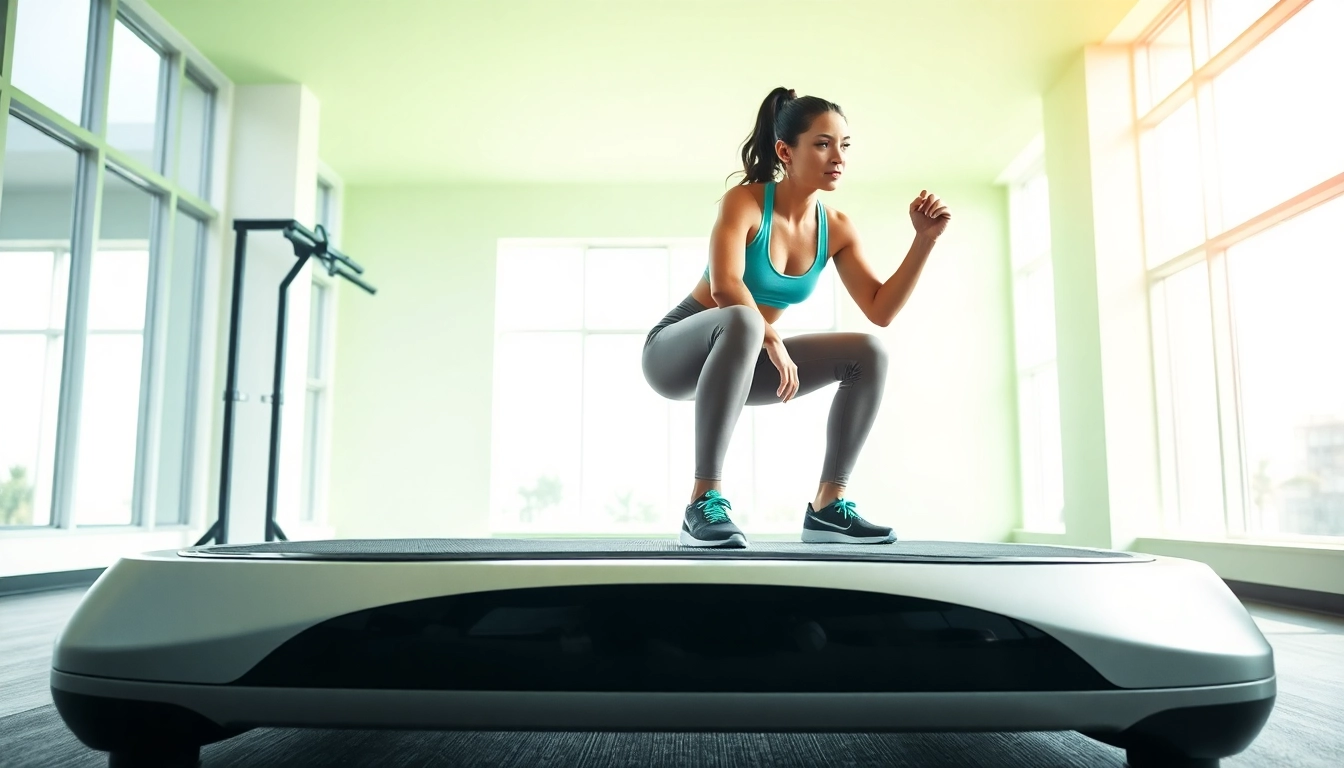 Engaging in whole body vibration therapy on a modern platform, showcasing fitness and wellness.
