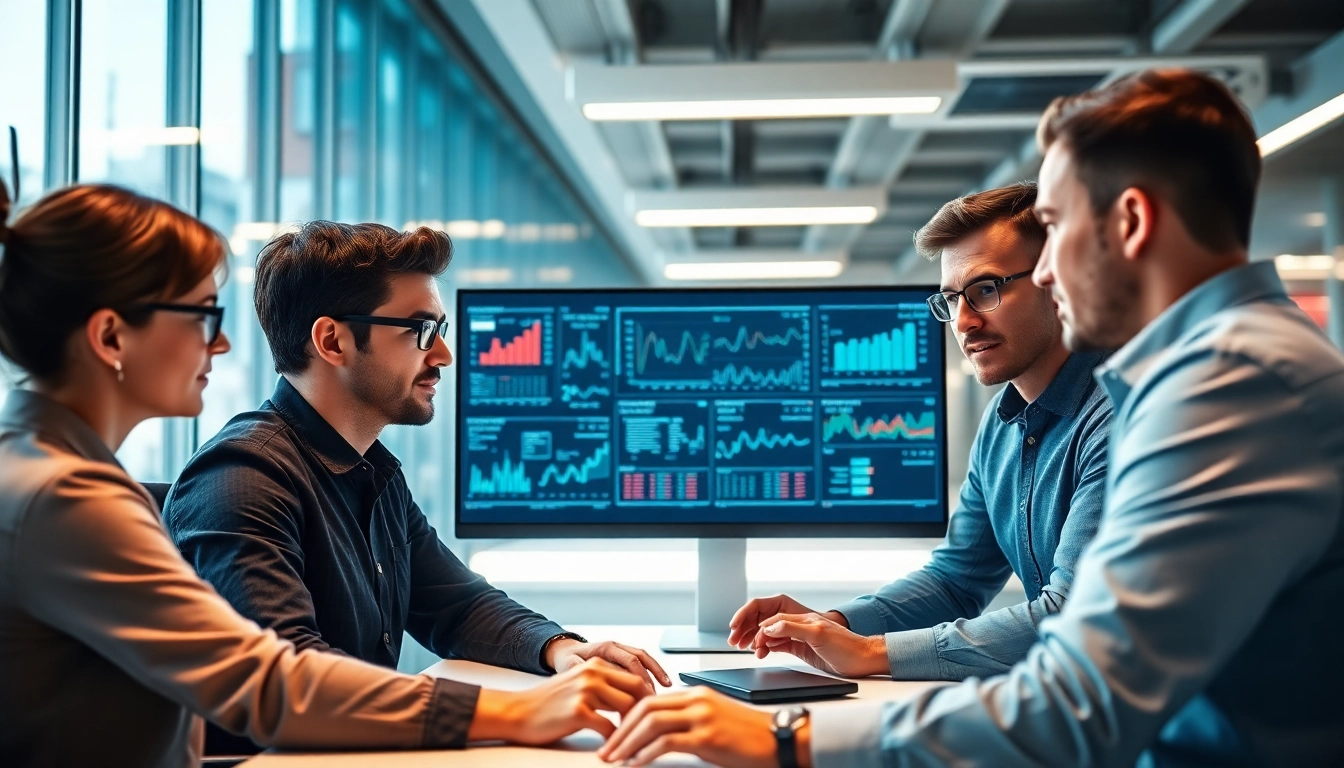 Site reliability engineering experts collaborating in a modern office setting with digital displays.