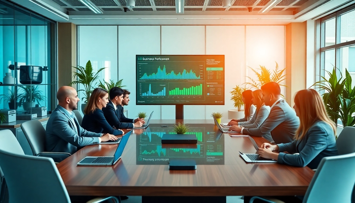 Professionals discussing Business internet solutions in a modern meeting room.