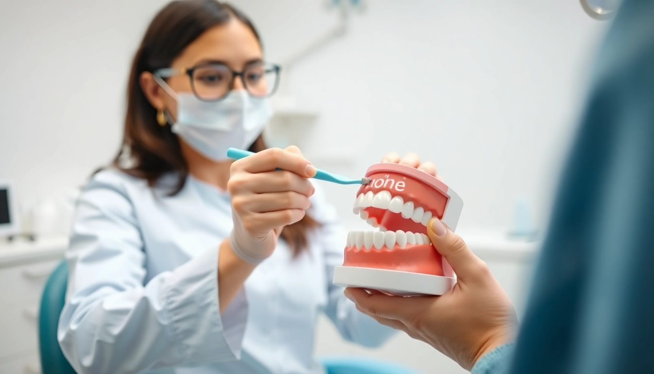 Dental hygienist demonstrates effective hygiene practices for oral care in a bright clinic.