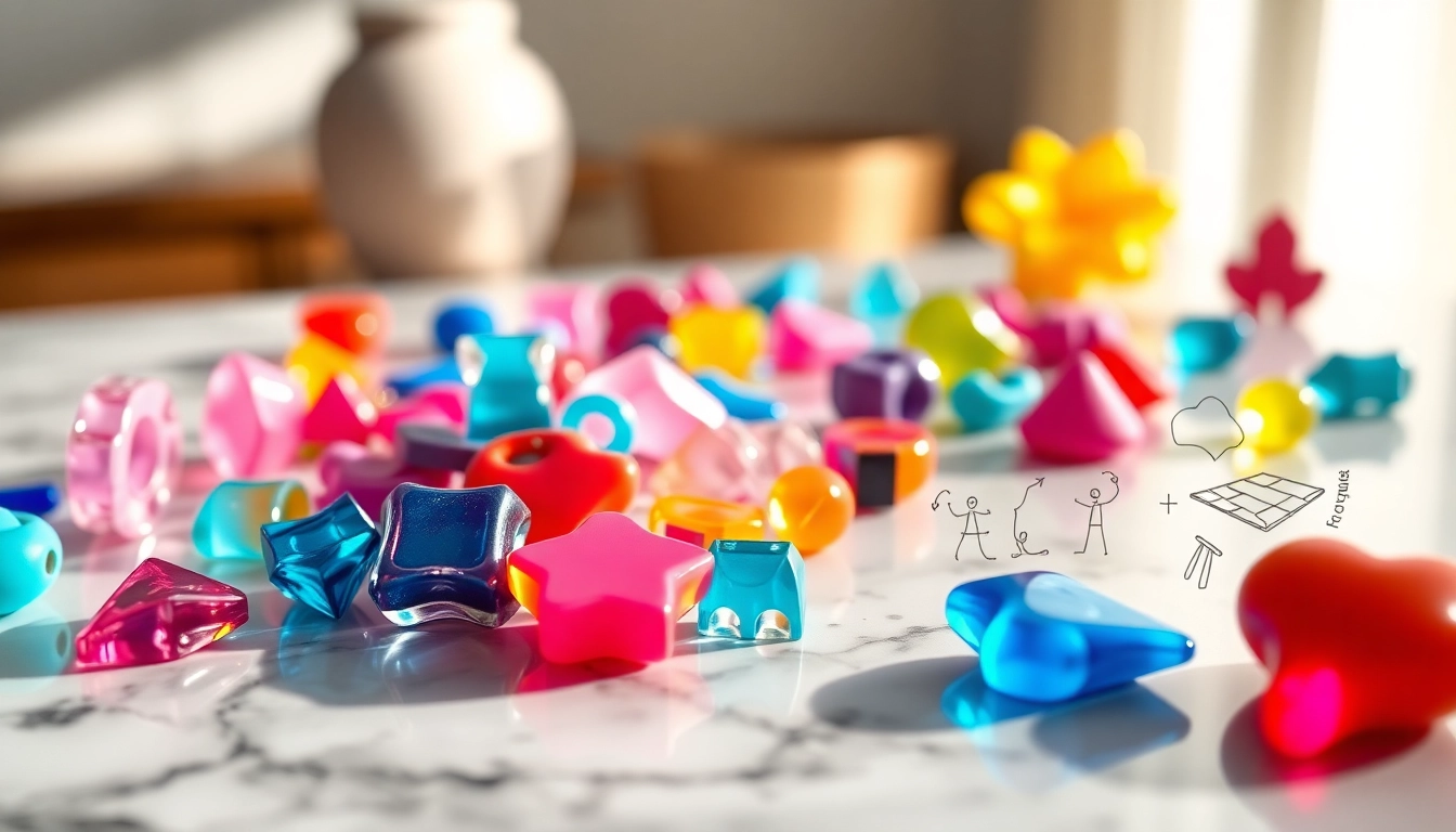 Showcasing colorful acrylic charms artistically arranged for an eye-catching display.