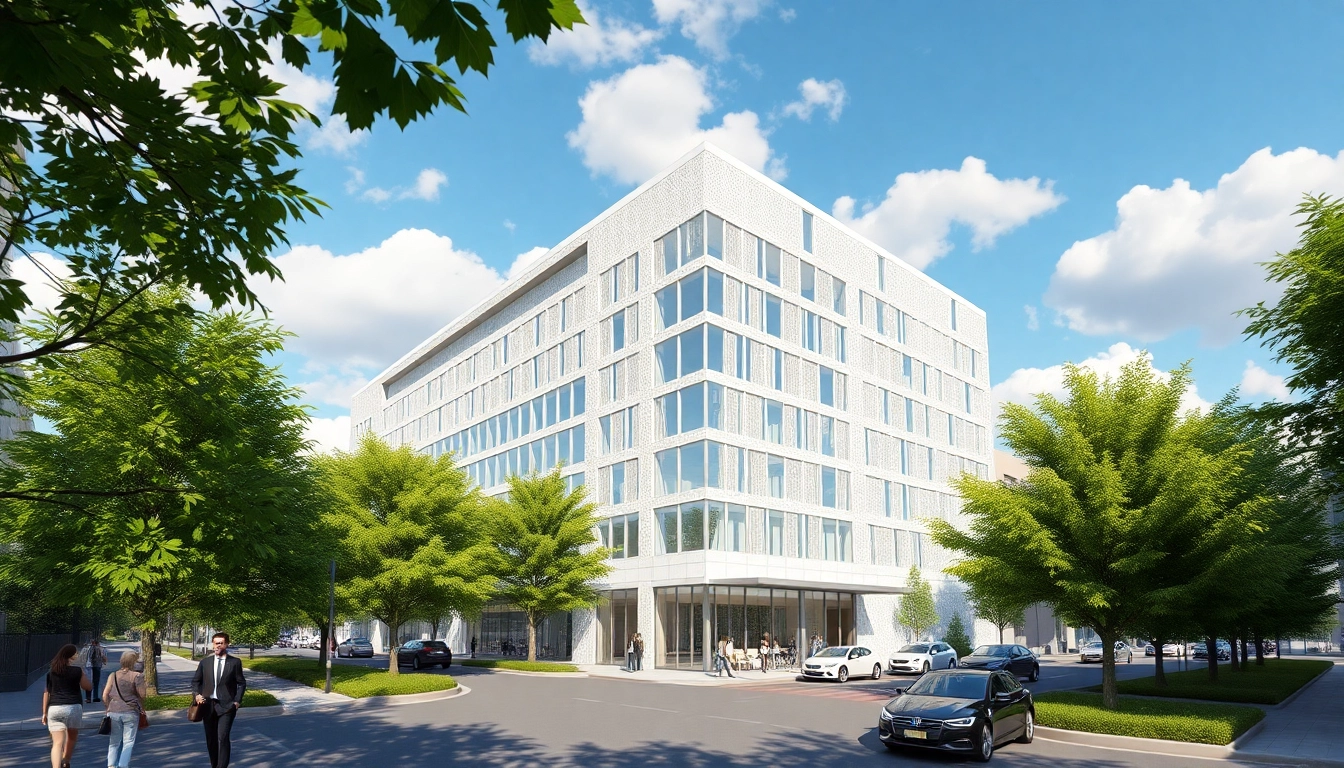 Architekturvisualisierung einer modernen Stadt mit lebendiger Umgebung und fotorealistischen Details.
