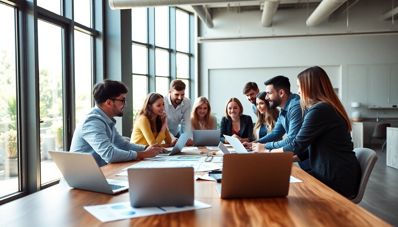 Launch successful startup with a professional team collaborating in a vibrant office setting.