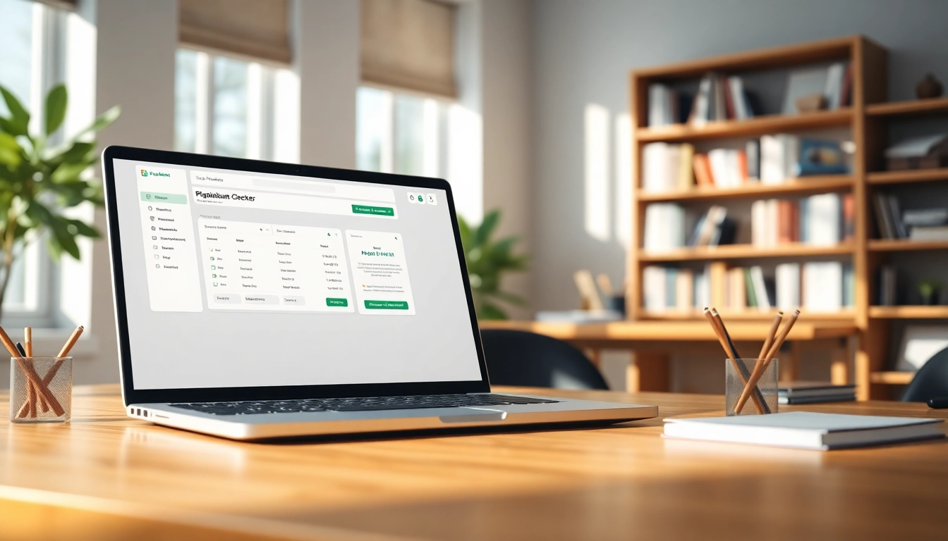 Use a plagiarism checker tool on a sleek laptop to ensure academic integrity.
