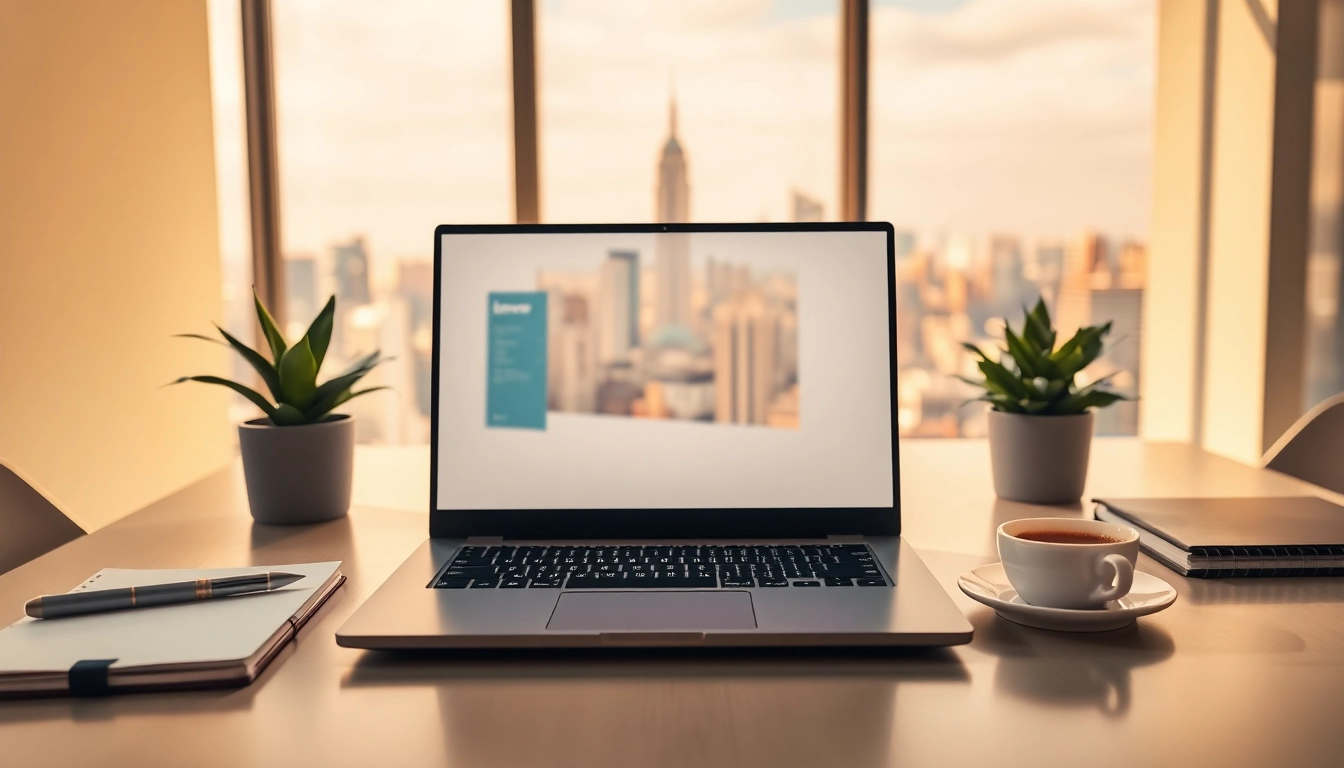 Showcasing a Lenovo Laptop in a modern workspace with urban skyline backdrop.
