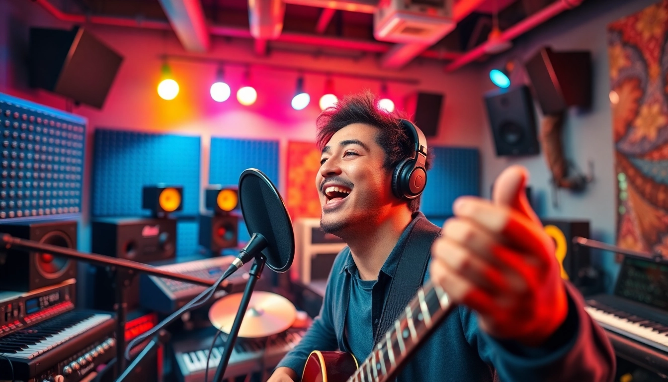 Engaging musician showcasing unique music promotion services in a vibrant studio setting.