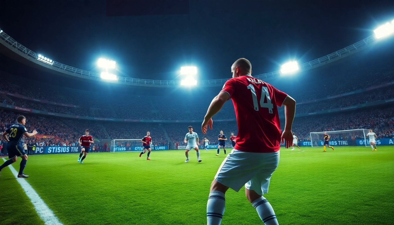 Engage in thrilling judi bola with players showcasing skills in an exciting night soccer match.