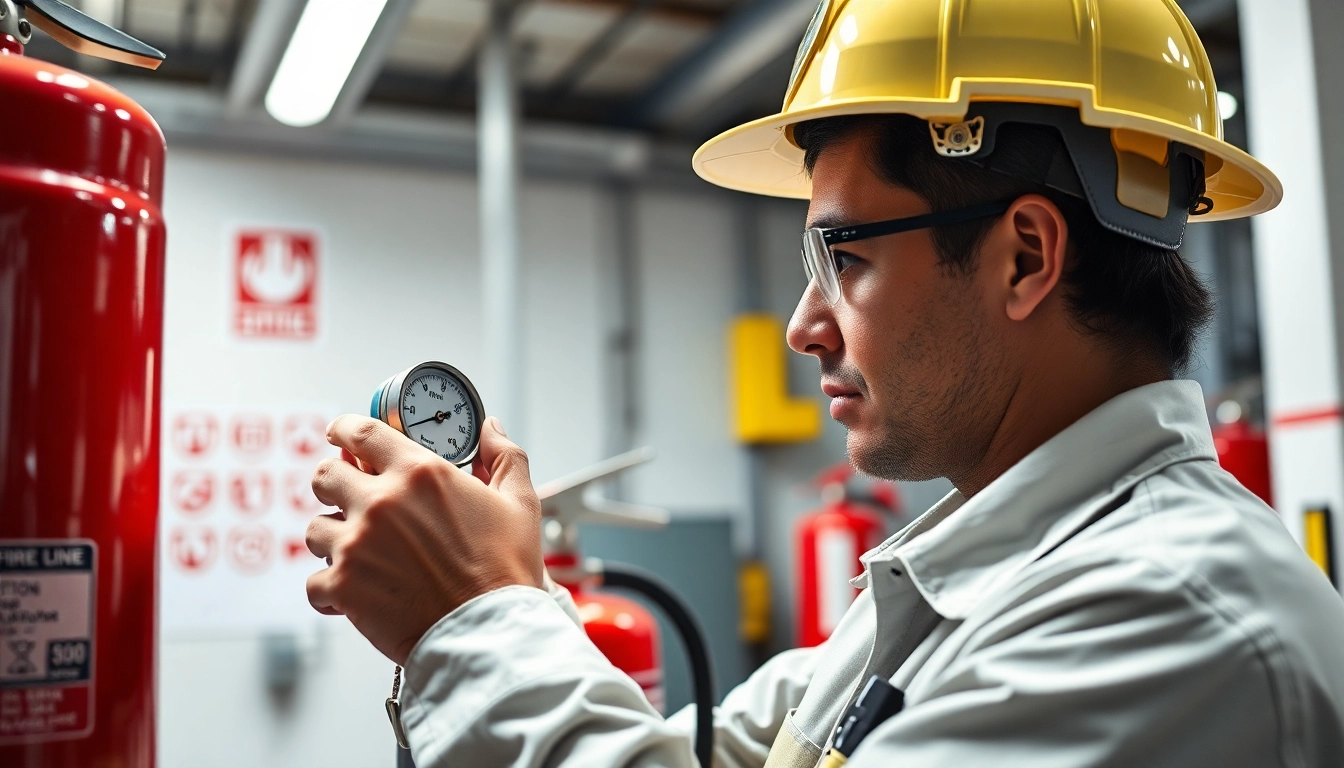Inspect fire extinguishers for monthly Fire extinguisher checks with a safety technician in action.