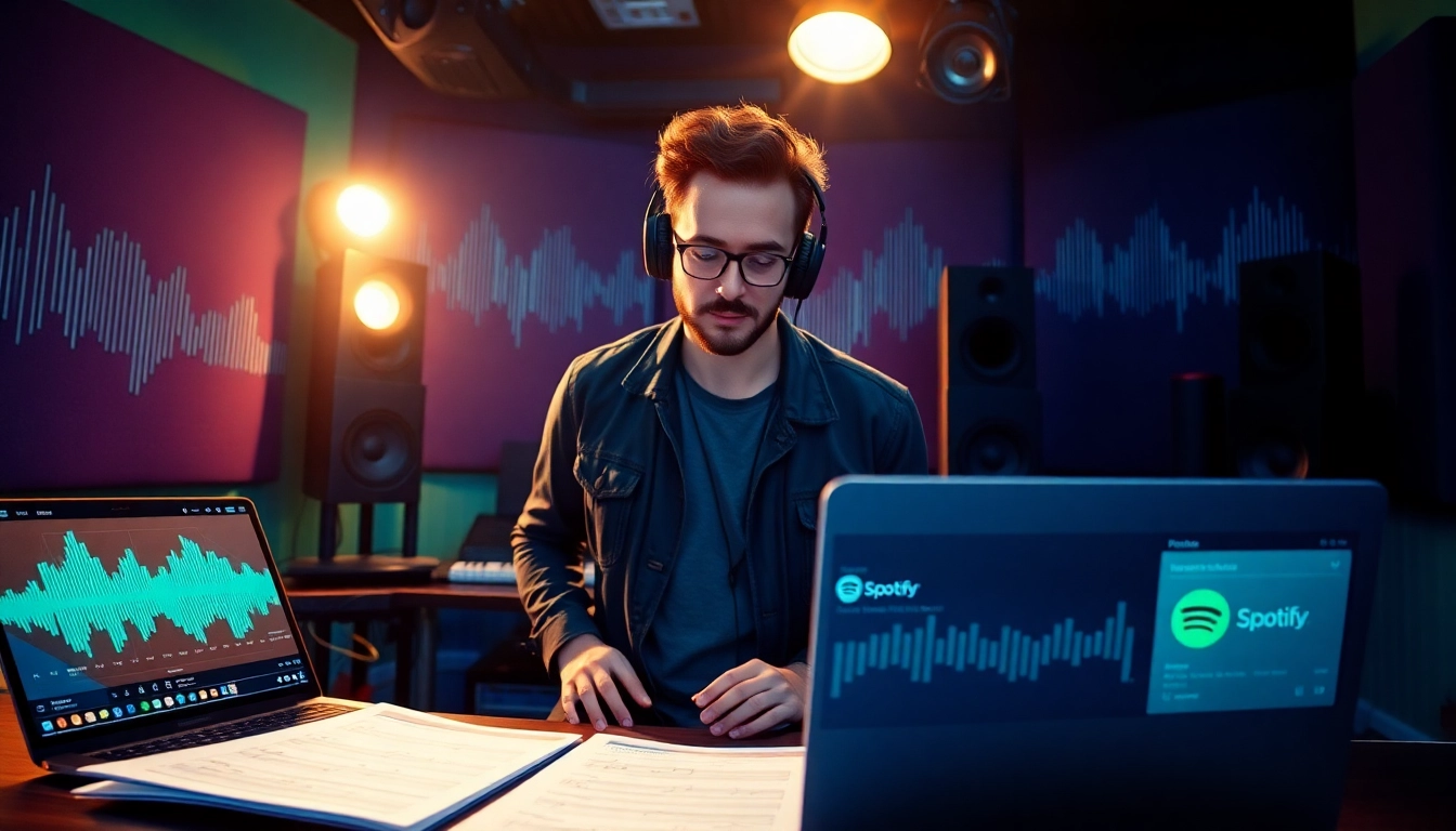 Musician promoting their tracks through Spotify promotion in a vibrant studio.