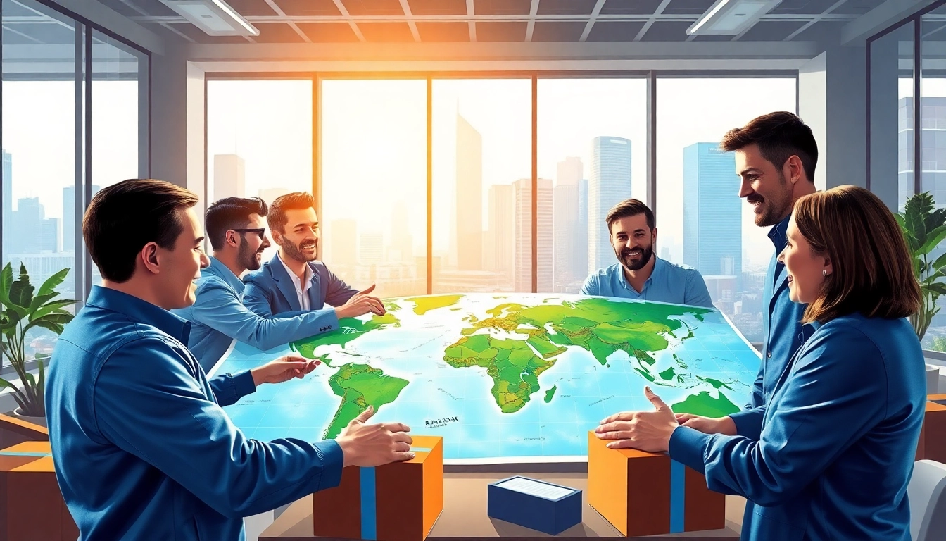 Importers negotiating deals over a world map in a bright, bustling trade office.