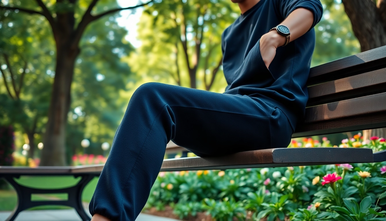 Fashionable young adult showcasing black sweatpants stylishly in a serene park.