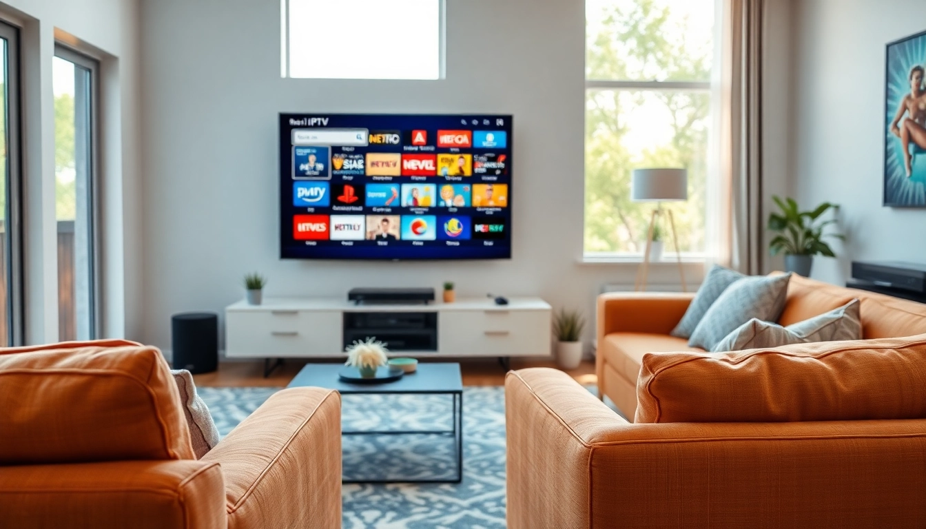 Comprar IPTV en una configuración moderna de sala de estar con televisión vibrante.