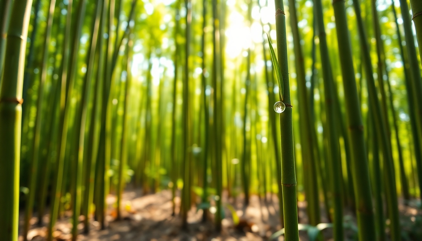 Bamboo forest showcasing tall bamboo stalks and lush greenery in a serene setting.