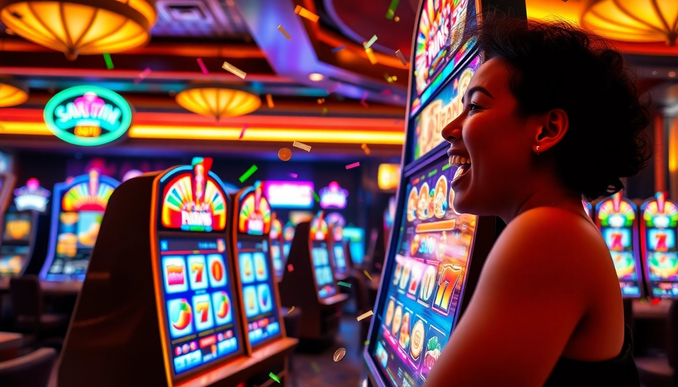 Celebrate Freespins wins at a vibrant casino scene with spinning slot machines and excited players.