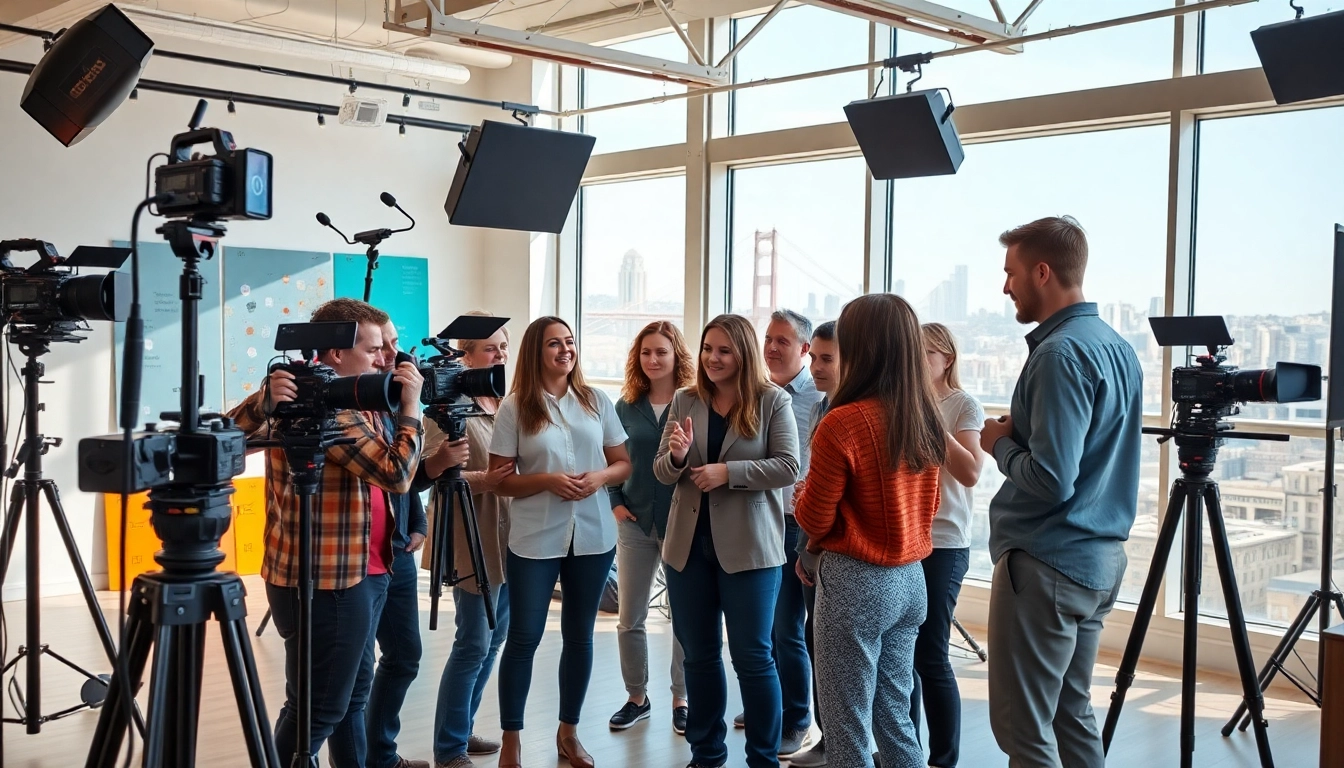 Team engaged in video production san francisco studio with diverse members collaborating.