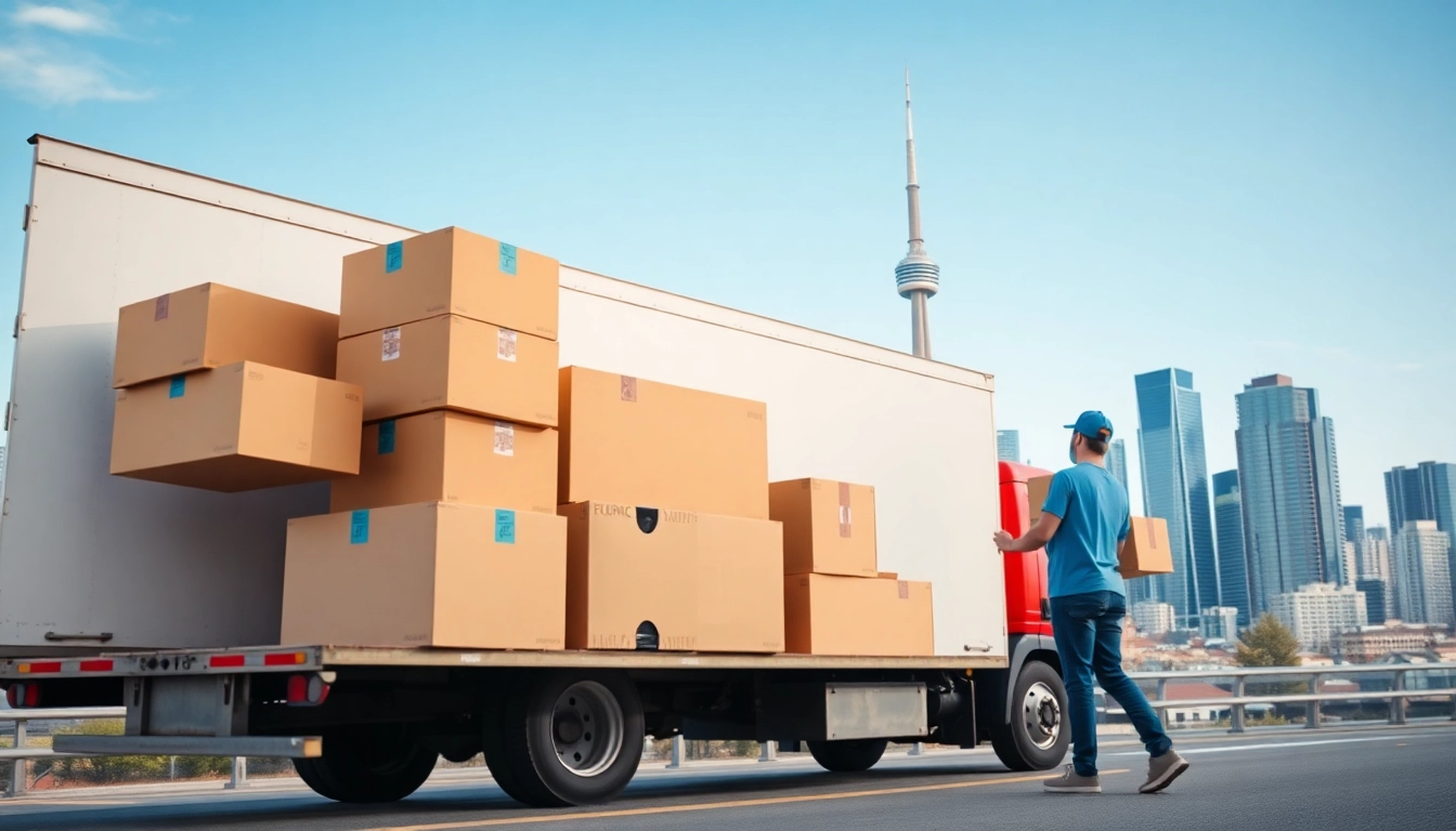 Efficient movers facilitating moving services in Toronto among vibrant urban scenery.
