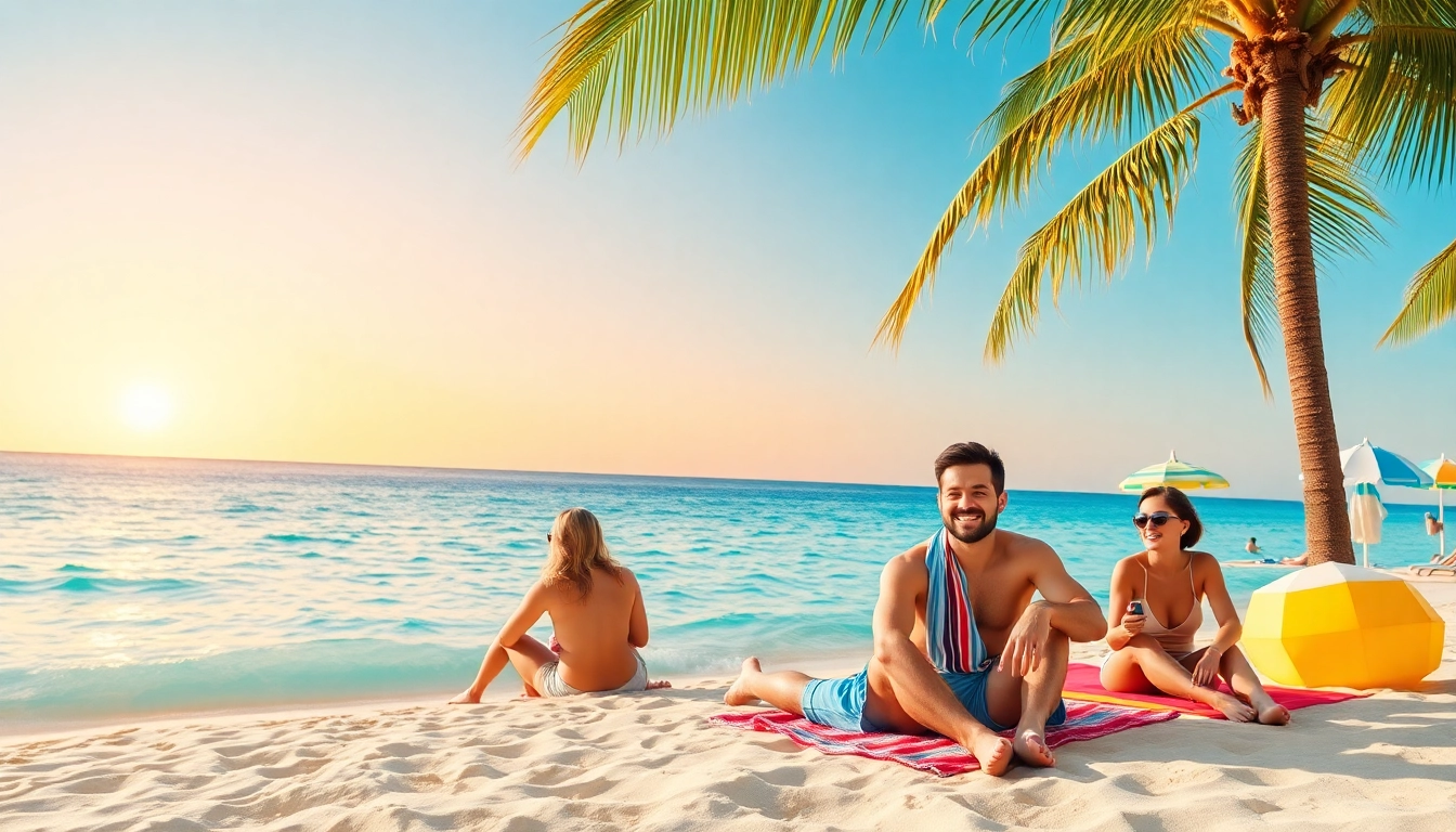 Family enjoying a vacation on a sunny beach with palm trees and a vibrant sunset.
