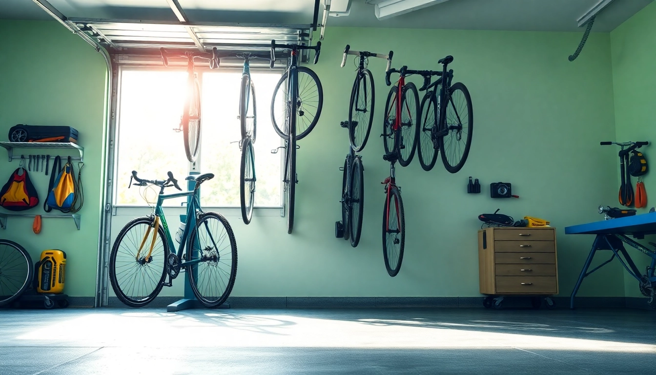 Securely mounted vertical bike rack showcasing multiple bikes in a tidy garage setting.