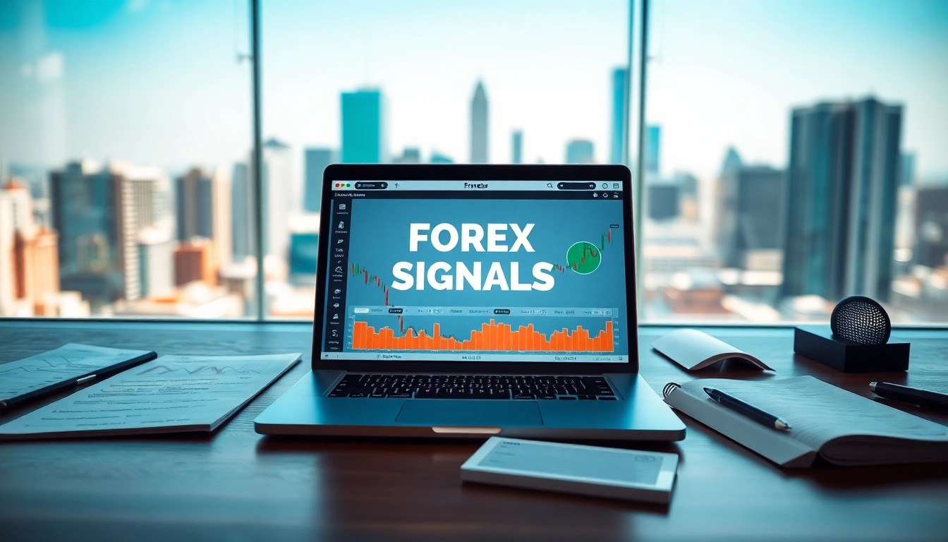 Visualize Forex Signals through a professional trading setup with a laptop and charts.