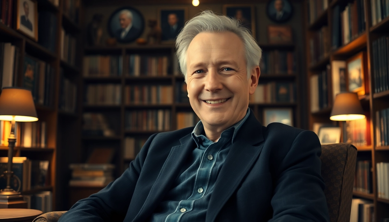 James Broadbent smiling warmly in a cozy library setting with vintage aesthetics.