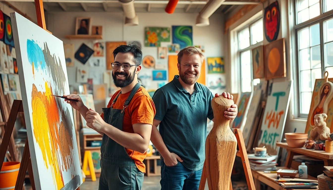 Local artists Calgary creatively engaged in their studio, showcasing vibrant artworks.