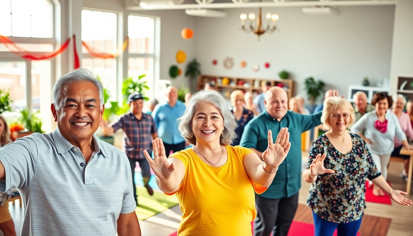 Active seniors enjoying yoga class at a senior center Las Vegas Nevada, fostering community and fitness.