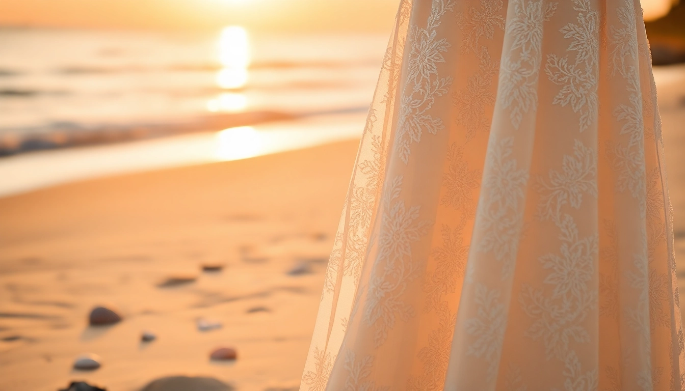 Admire the intricate Lace Wedding Dresses showcased against a sunset beach backdrop, embodying elegance.
