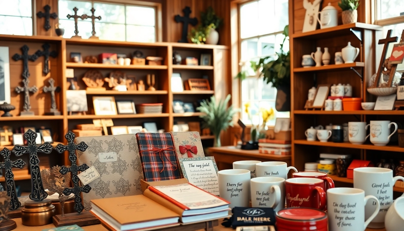 Browse unique Christian gifts displayed in a cozy shop setting that highlights craftsmanship.