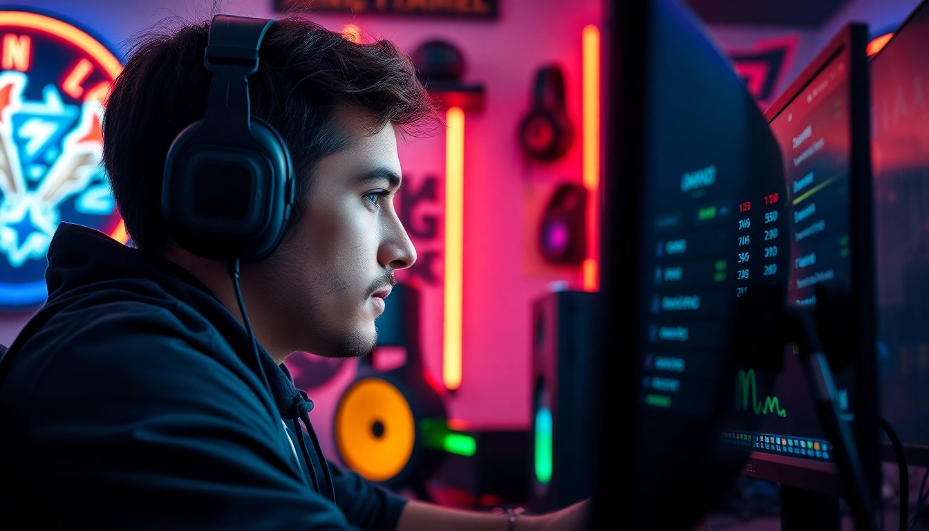 Engaged gamer immersed in cs2 Betting action, surrounded by vibrant gaming atmosphere.