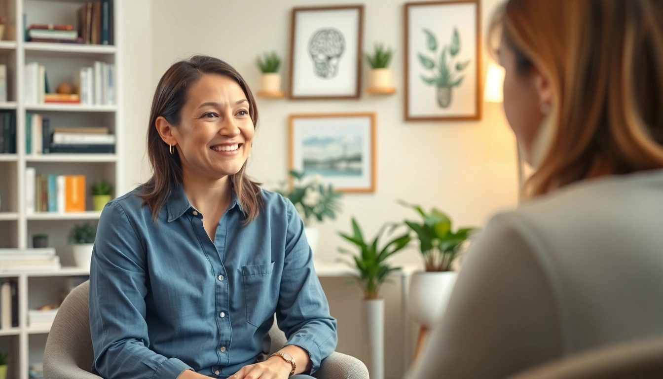 Engaging attachment theory specialist guiding a therapy session in a calming office.
